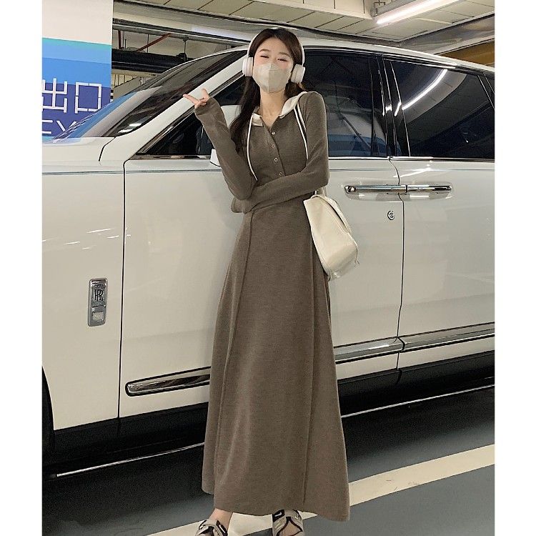 韓国ファッションロング春秋大きいサイズフード付き長袖ワンピースニッチデザインカジュアルスウェットワンピース