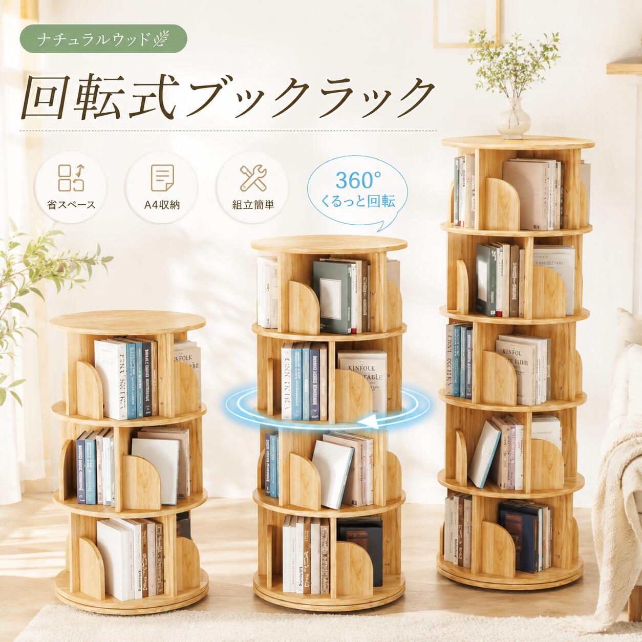 本棚 (回転式本棚) 絵本棚 木製 回転 回転式本棚 回転絵本ラック おすすめ 天然木 3段 4段 ５段 大容量 スリム A4が入る高さ コミックラック 絵本棚 漫画 収納 回転