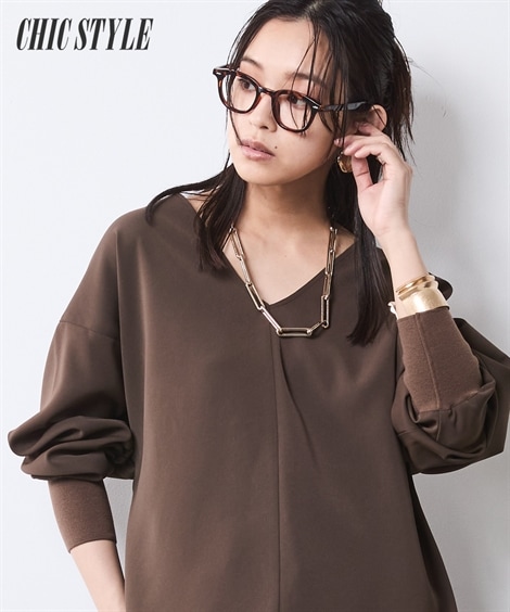 シャツ・ブラウス Vネック袖リブブラウス 大きいサイズ有 シックスタイル