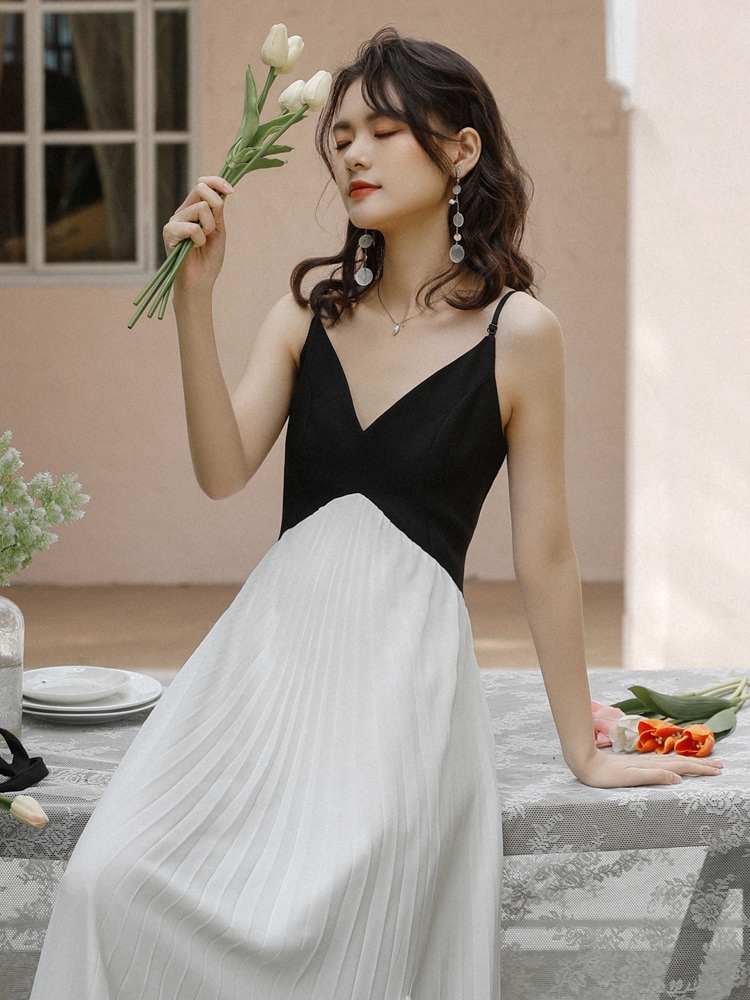 フレンチヴィンテージ 黒と白 パッチワークドレス スーパーフェアリー ハスエッジ Vネックシフォンスリングロングドレス ワンピース フレアワンピース ロング アンクル丈 ノースリーブ Vネック