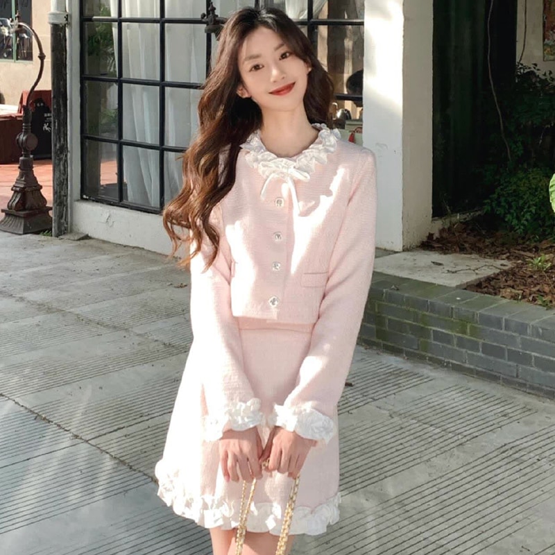 韓国ドラマ リッチガール シャオシャン風 ピンクスーツ レディース 2024秋 レース襟 ジャケットとスカート 2点セット トレンドセット