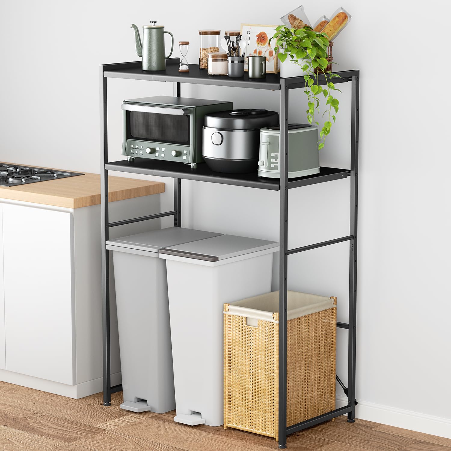 【幅伸縮可上下調整可】ゴミ箱上ラック TKUIN 電子レンジラック レンジ台 幅60～80cm 高さ8段階調整 トースター置き台 多機能 キッチンラック キッチンボード 収納棚 収納ラック レンジボ