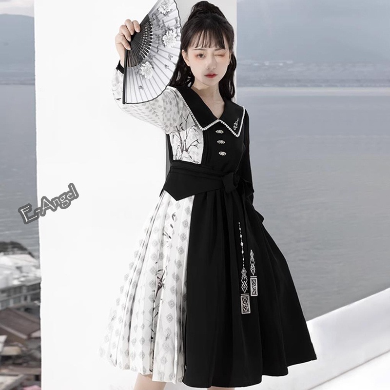 チャイナ風 ワンピース 長袖 切り替えワンピース 秋 黒色 服 竹 イベント デート 撮影 普段着