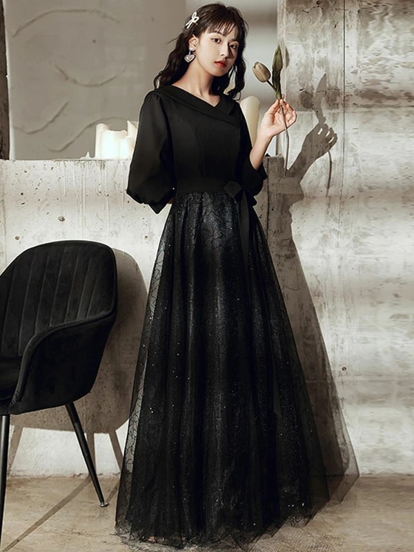 ウェディングドレス ウエディングドレス カラードレス ファスナー ブラック 8分袖 秋春 カクテルドレス ロングドレス パーティードレス 発表会ドレス 演奏会 ステージドレス フォマール 黒 イブニン