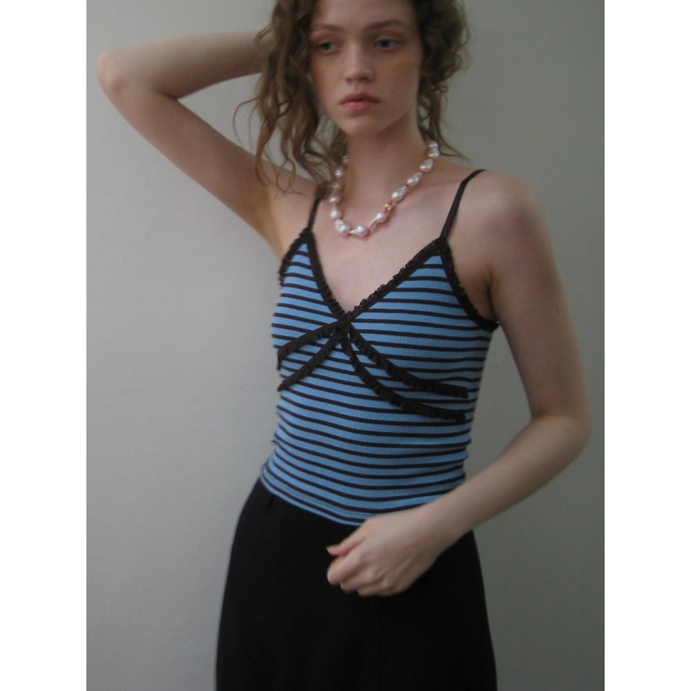 ヘザーメントストライプダブルレースキャミソール (ブルーブラウン)