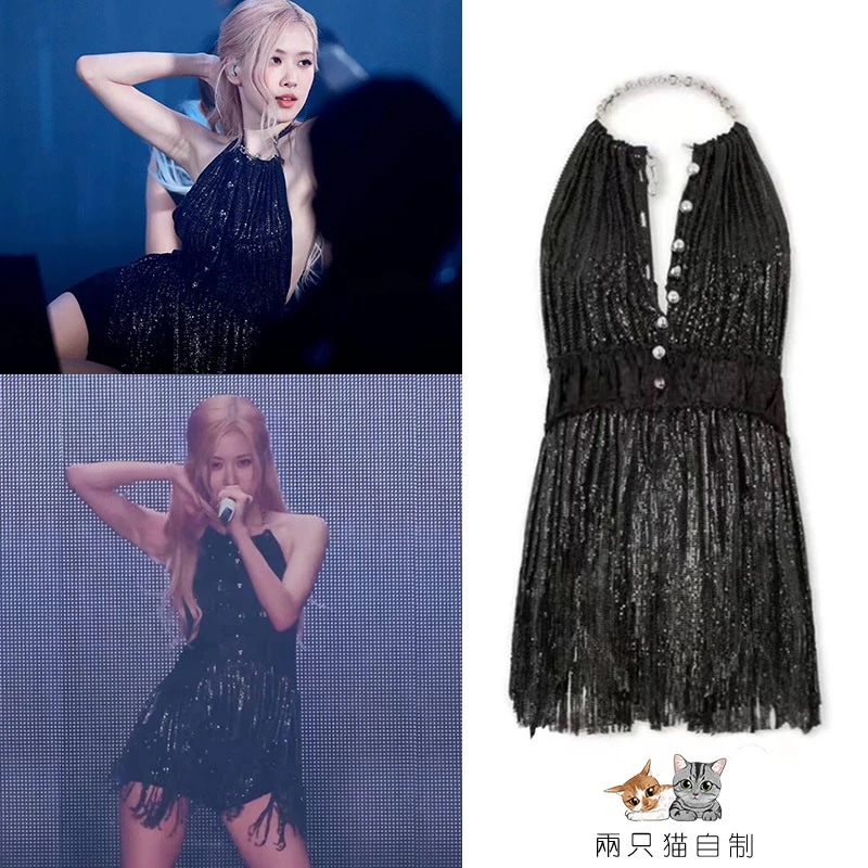 パクチェヨンローズブラックホルターネックバックレスドレスタッセルチェーンドレス