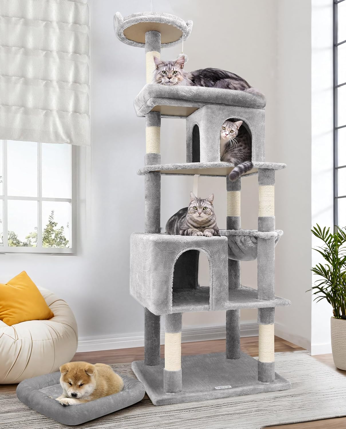 Globlazer キャットタワー 猫タワー 大型猫用頑丈タイプ 多頭飼い 大型 多機能 運動不足解消 据え置き 安定性 2ねこハウス 6天然麻紐爪とぎポール ２つの展望台 猫 ベッド 人気