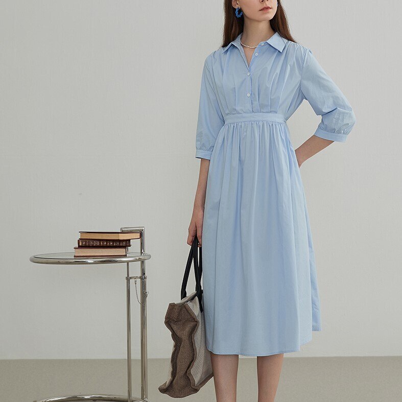 2色 ワンピース 長袖 春夏 きれいめ ロング aライン シャツワンピース aライン Aライン ミモレ ミモレ丈 ロング ロング丈 7分丈 ミディアム丈 ミドル丈 レギュラー丈 七分袖 襟付き ポロカ