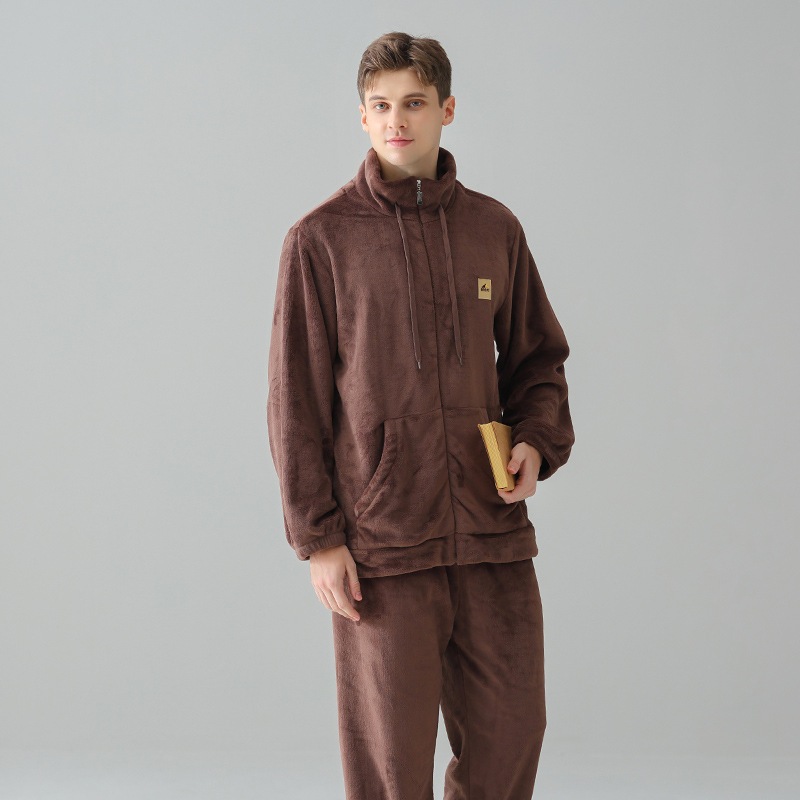 秋と冬の男性用温度ロックコーラルベルベットパジャマプラスベルベットと厚く暖かいフランネル春と秋の男性用ホーム服