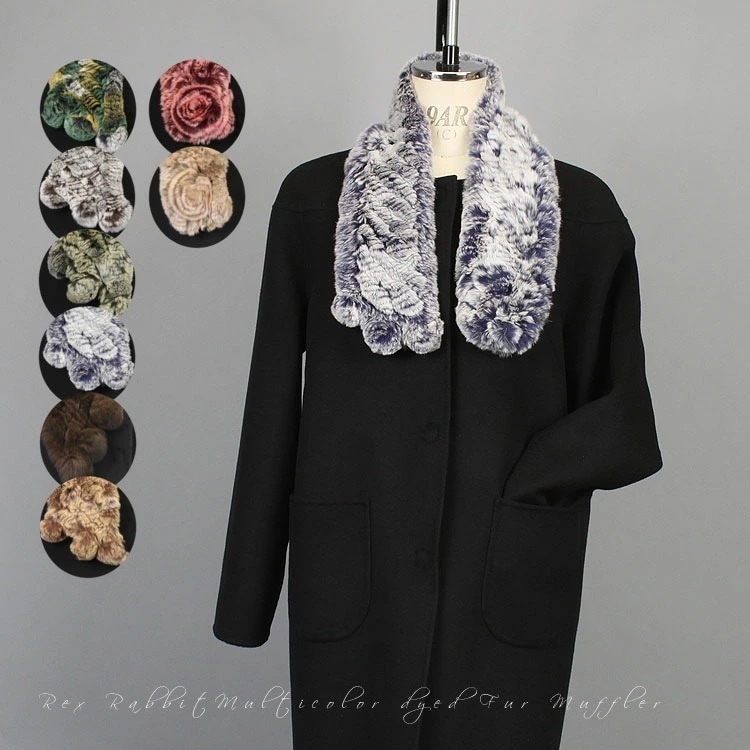レッキスラビット マルチカラー ファー マフラー 多色染め ぼんぼりコサージュ レディース ギフト プレゼント 5,005円