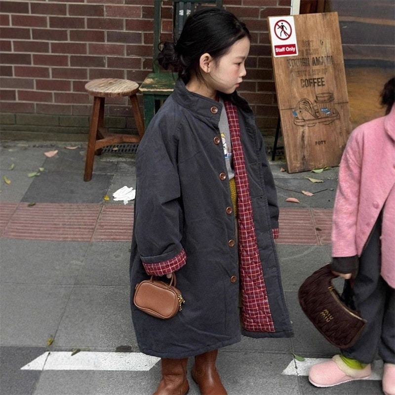 男女児加厚ミドル丈中綿コート 冬季子供用 チェック拼接 フード付き保温アウター キッズ　アウター