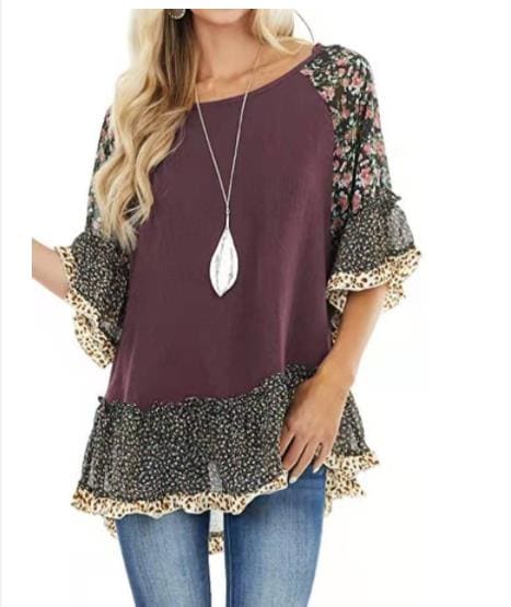 春と夏のクロス - ヨーロッパとアメリカの女性服アマゾン外国人貿易バットスリーブカラーピンクフラワープリントミドルスリーブTシャツ