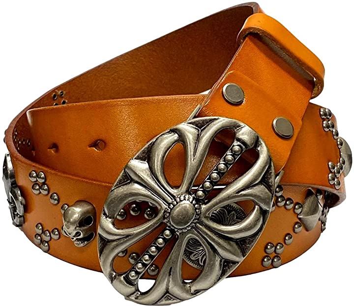ラクエスト デカ ゴツ バックル メンズ 牛革 レザー ベルト スタッズ ユリ 紋章 アイリス レリーフ( サドルブラウン)