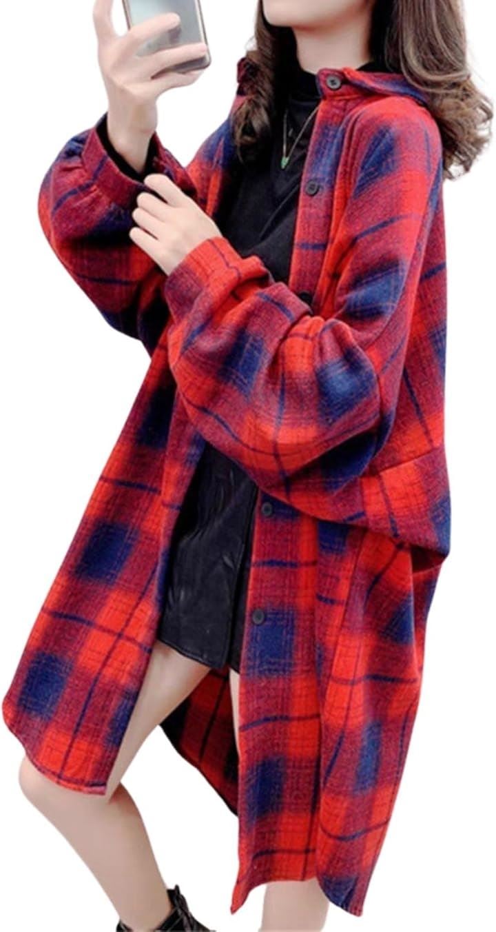 オーバーサイズ 厚手シャツ アウター 長袖 秋 レディース フリーサイズ チェック ロング ゆったり おしゃれ 羽織り( レッド, Free Size)