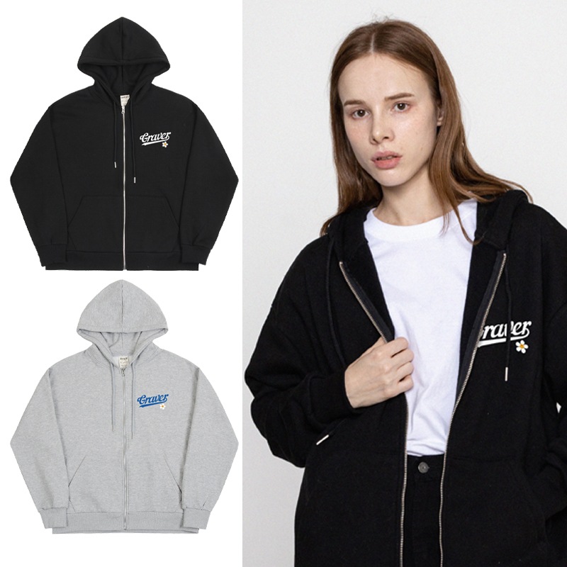 [UNISEX]Baseball Logo Flower Smile Hooded Zip-Up_2color
