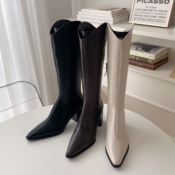 ロングブーツ ウエスタンブーツ ポインテッドトゥ サイドジップ レディース チャンキーヒール 太ヒール 黒 茶色 ブラック ブラウン アイボリー 靴 婦人靴 韓国