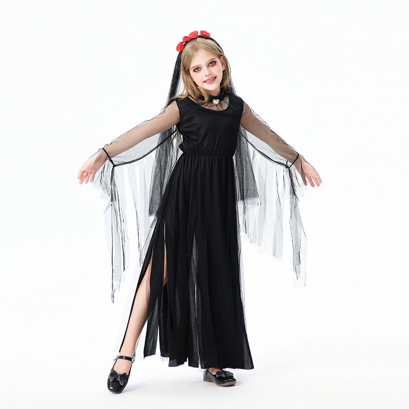 ハロウィンの子供用コスチューム女の子ダークデビルゴースト花嫁ロングドレスヴァンパイア魔女ヨーロッパとアメリカの面白いパフォーマンスコスチューム