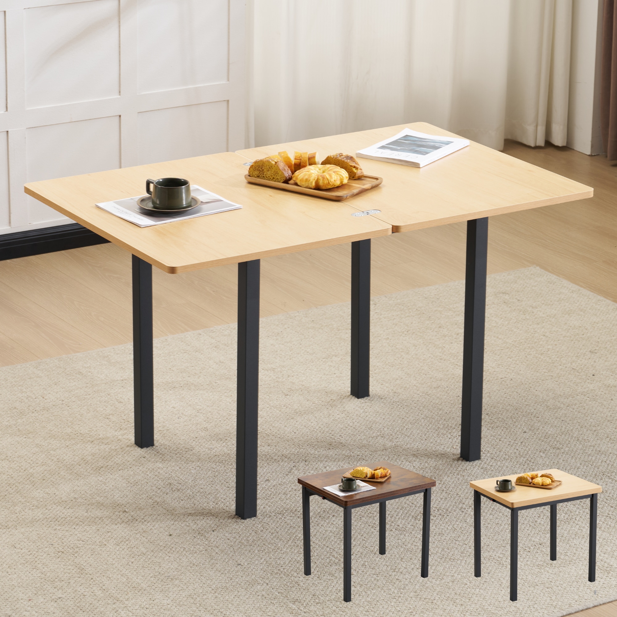 【テーブル単品】ダイニングテーブル 天板が広げる 幅75-120ｃｍ 昇長式テーブル 作業用 デスク テーブル センターテーブル リビングテーブル コンパクト 多用途 収納便利 組立...【ブラック】