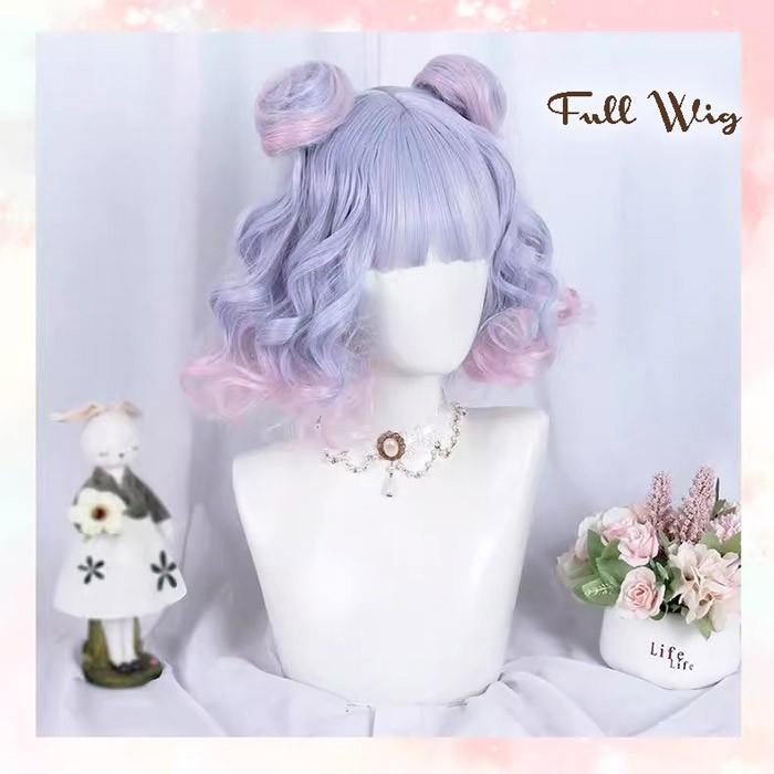カール 新品/第1弾キャンペーンウィッグ 甘ロリ 可愛い フルウィッグ ふんわり ショート グラデーション ボブ パステル コスプレ 耐熱 ラベンダー ツインお団子 ピンク 地雷系
