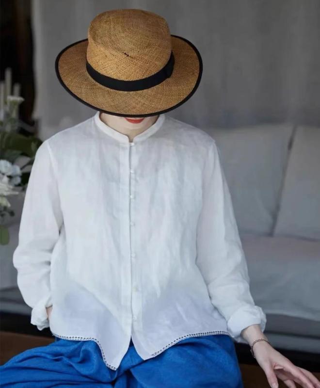レディース　　シャツ　トップス 夏の 野生の 米の 白い 玉 72 長い 紡績 麻の 小さい スタンドカラー シャツ 女性 チャイナ風 24163