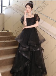 ブラックイブニングドレス2024新作ハイエンドパーティードレススカートロングポンポンスカート-86