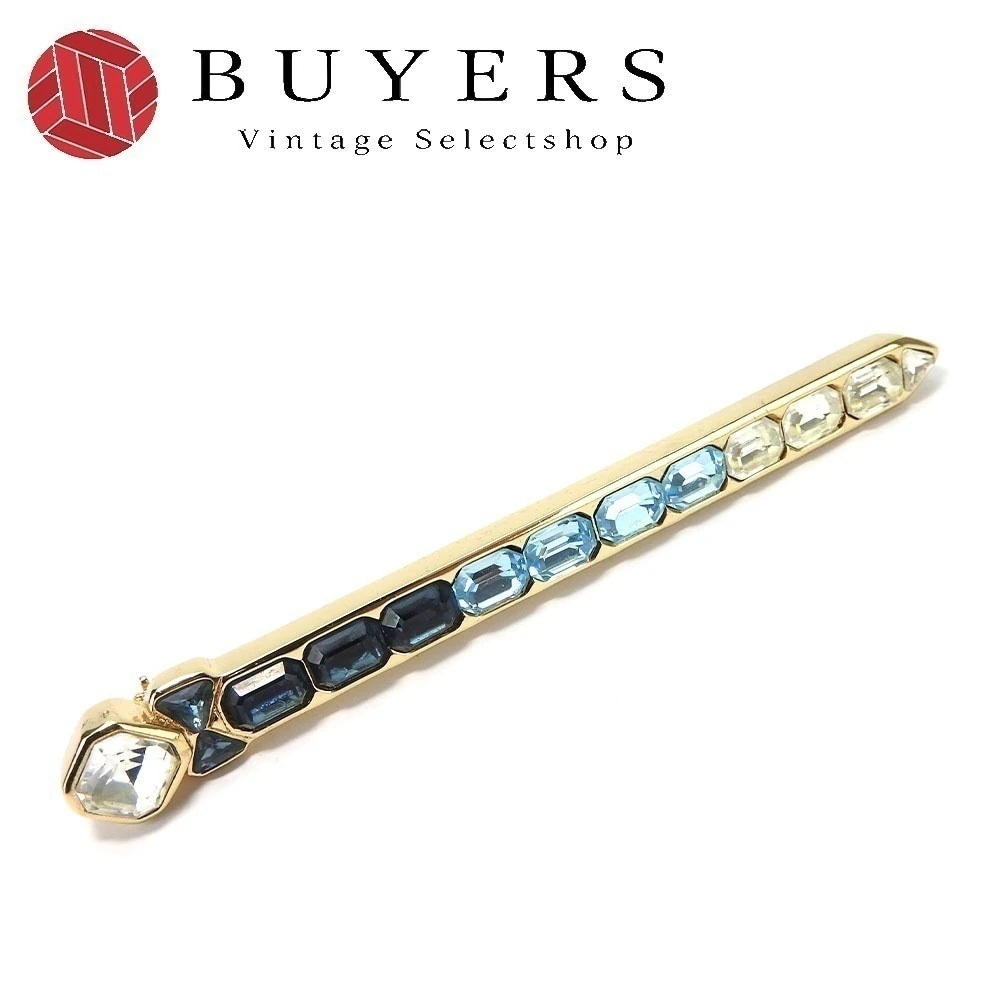 中古 ブローチ メタル ブルー系 クリア ゴールド金具 メッキ ラインストーン リボン レディース 女性