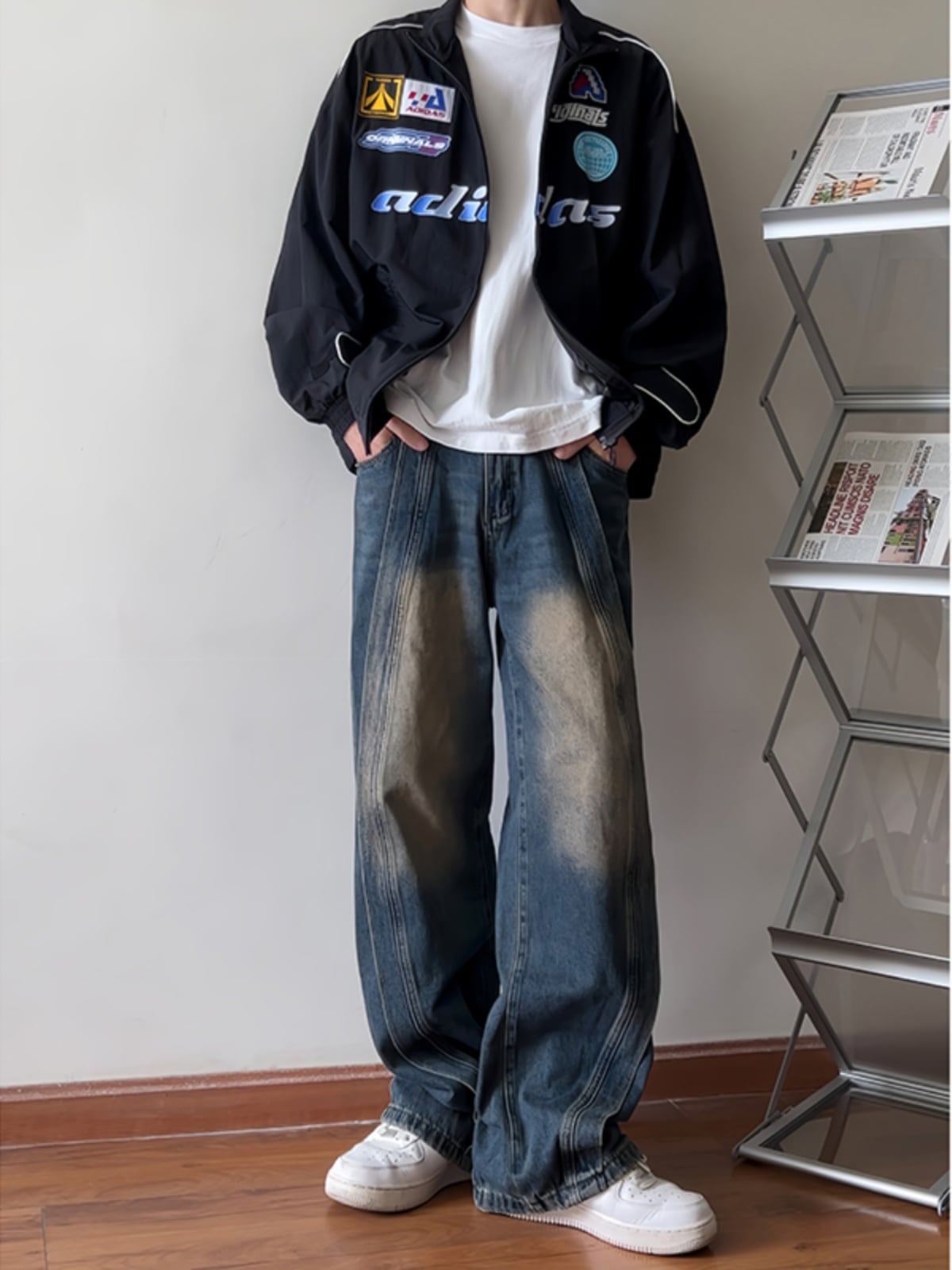 アメリカンレトロジーンズメンズ秋新作ウォッシュドストレートパンツ潮ルーズワイドカジュアルパンツ