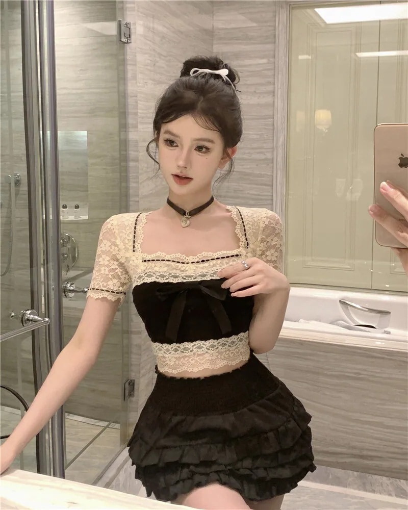 【セット】 スカート トップス シャツ ミニスカート レディース ミニ ショート 膝上 半袖 スクエアネック フェミニン レース リボン ハイウエスト 透け感 かわいい 大人可愛い おしゃれ レトロ