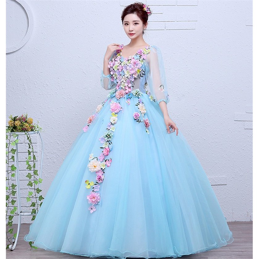 カラードレス パーティードレス 演奏会用ロングドレス ウェディングドレス 結婚式 花嫁 安い ２次会 ブルー 11,952円