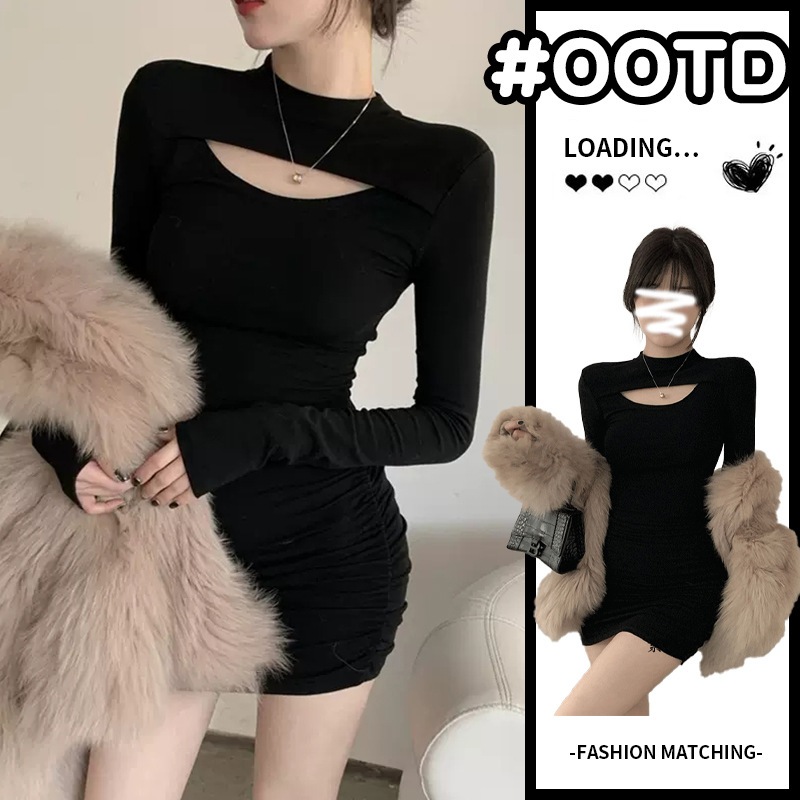 【1つ買うと10つ無料】ママのスカート2025秋と冬の気質の秋と冬の気質長袖の黒いニットネックドレスヒップスカートの袋