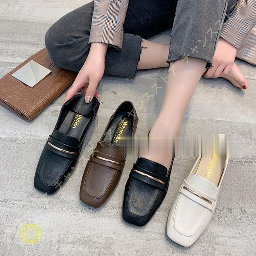 【即納】パンプス シンプル ベルト スクエアトゥ ローファー レディース 柔らか カジュアル 3.5cmローヒール クッション 低反発 スリッポン