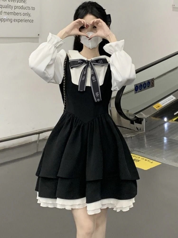 新作春春冬 あちこち 韓国ファッション 日系 アカデミック 長袖ワンピース 黒いスカート