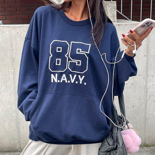 Hスタイル(T)ネイビー刺繍ポケットマンツーマン 秋 男女共用 マントゥマン Tシャツ 長袖 ラウンド 季節の変わり目 オーバーフィット