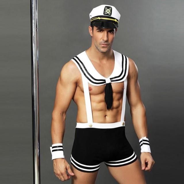 メンズコスプレ メンズコスチューム メンズ コスプレ衣装 セクシーコスチューム セーラー服 船員 制服 サスペンダー 上下一体 帽子付き 3点セット ポイント消化