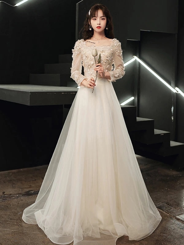 カラードレス ロングドレス 演奏会 発表会 イブニングドレス ウェディングドレス ウエディングドレス 結婚式 二次会ドレス 披露宴 花嫁 長袖 ロングスリーブ フラワー シャンパン パーティードレス