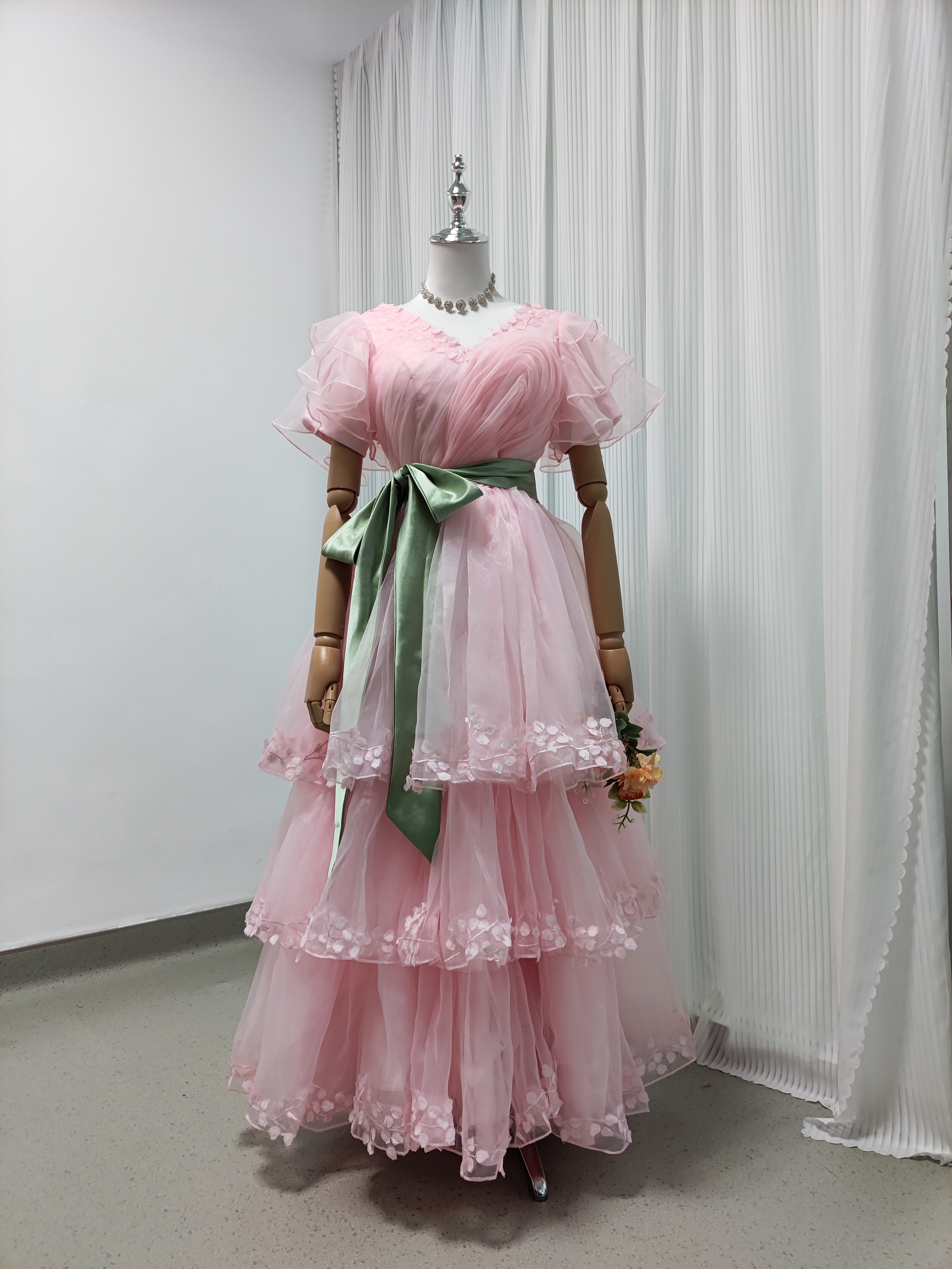 パーティードレス ピンク ミモレ丈 ファスナー オーガンジー 可愛い プリンセスライン 前撮り