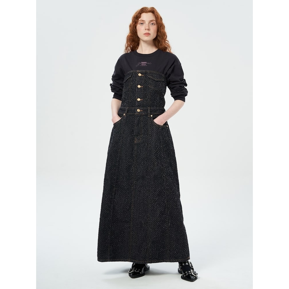 GANNI ふわふわデニムロングコサージュドレス-ブラック QN5171R065