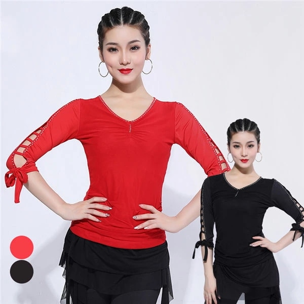 2WAY 社交ダンス トップス モダン ラテン 女性 衣装 上着 競技着 モダン レディース 女性性用 社交 練習着 ワルツ チャチャチャ レッスン 着 ステージ 演出着 袖あり ブラック レッド 赤