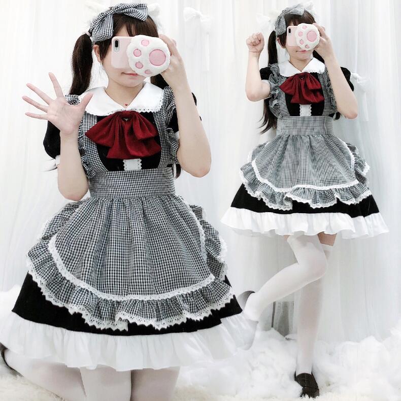 迅速な出荷 コスプレ メイド服 可愛いハロウィン コスプレ衣装 制服 レディース 大人 仮装 ロリータメイド ワンピース チャック柄エプロン リボン カチューシャ ウェイトレス コスチューム