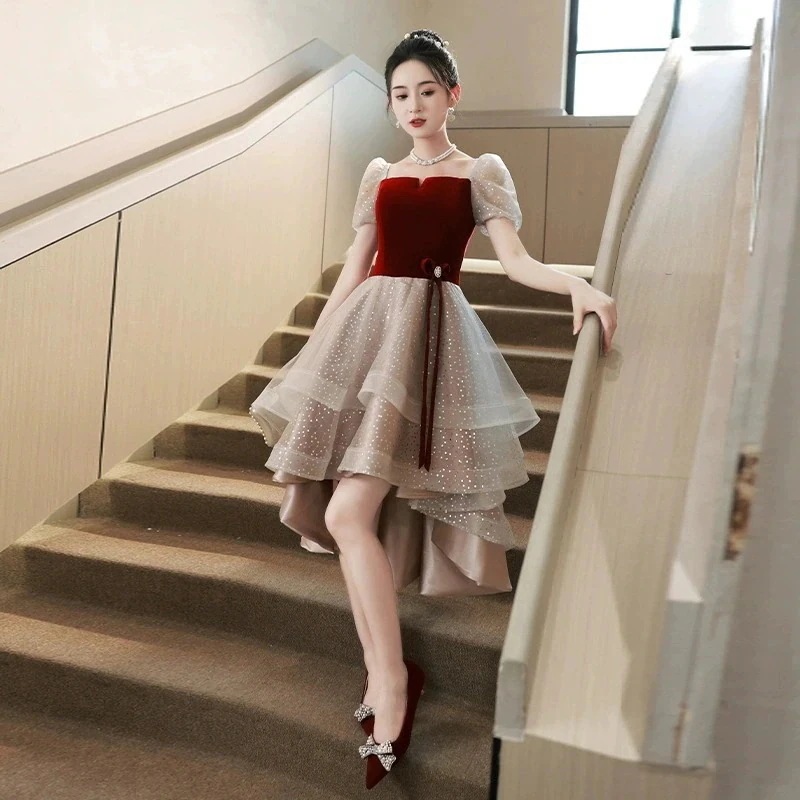 レッドドレス 赤 短丈・長丈 2 タイプ フリル ウェディングドレス風 イブニングドレス フォーマル 結婚式・二次会・披露宴 パーティードレス1