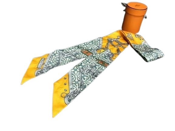 スカーフ ツイリー MORS ET GOURMETTES REMIX 【馬銜と鎖】 - イエロー系×マルチカラー シルク100% レディース リボンスカーフ【本物保証】