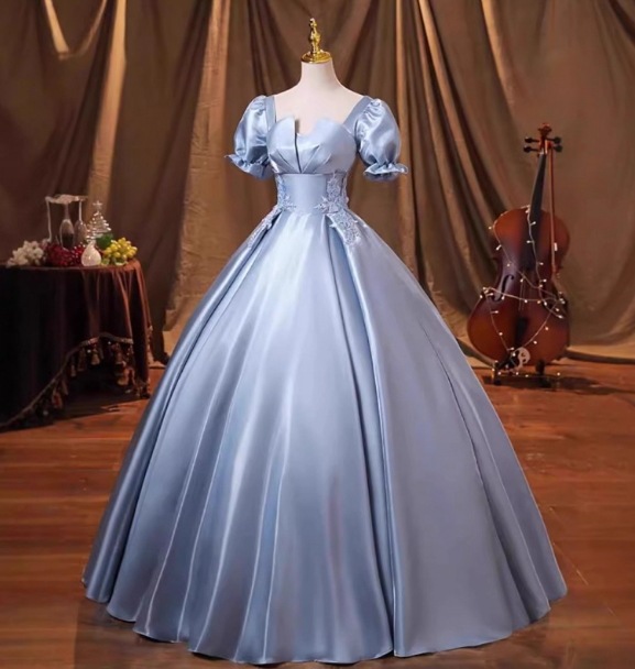 カラードレス ブルー 光沢サテン プリンセスライン 上品レース 編み上げ 前撮り