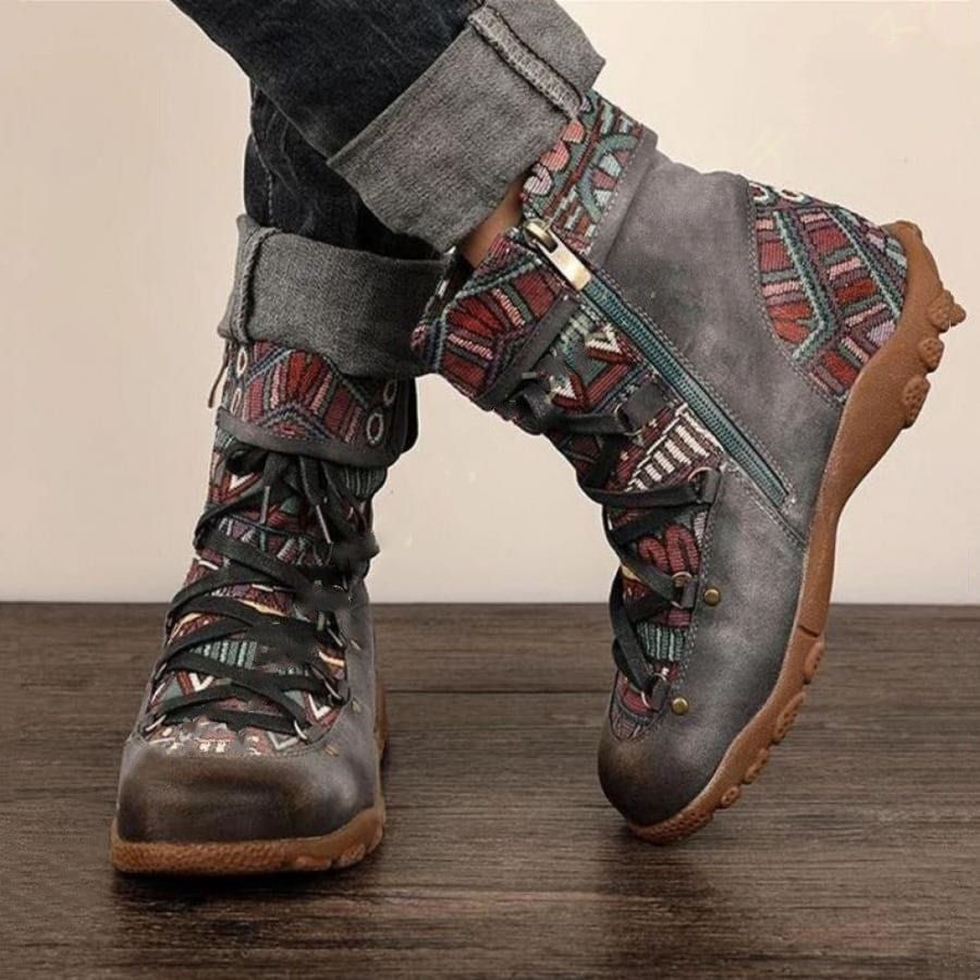超人気厚底ブーツ編み上げミドル丈ブーツエスニックアジアンファッションアジアン雑貨ゴア民族刺繍フラットブーツ編み上げレースアップミドル丈ヒモ