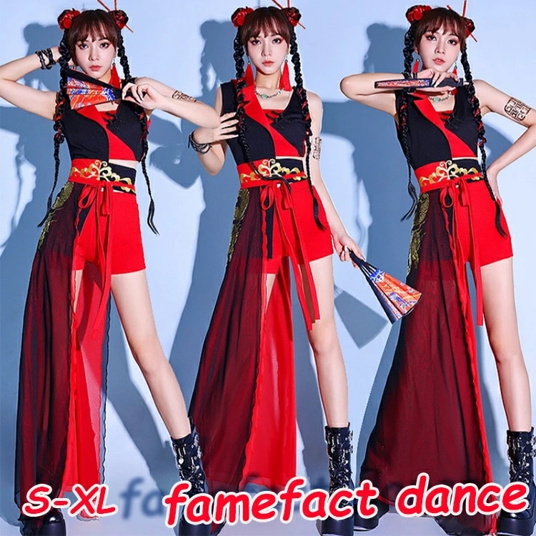 ダンス衣装 中華娘 レディース レッド ワンピース DS演出服 セットアップ 社交ダンス 大人 ガールズグループ ジャズ衣装 スカート チアガール ジャズダンス ヒップホップ セクシー k-pop ダ
