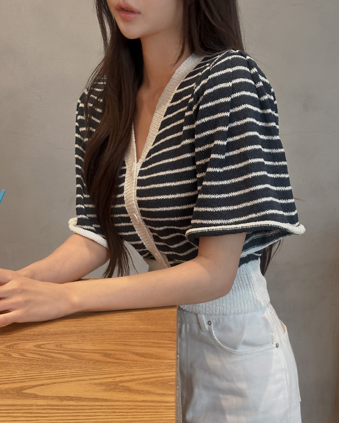 ピュアストライプニットカーディガン韓国ファッション レディース