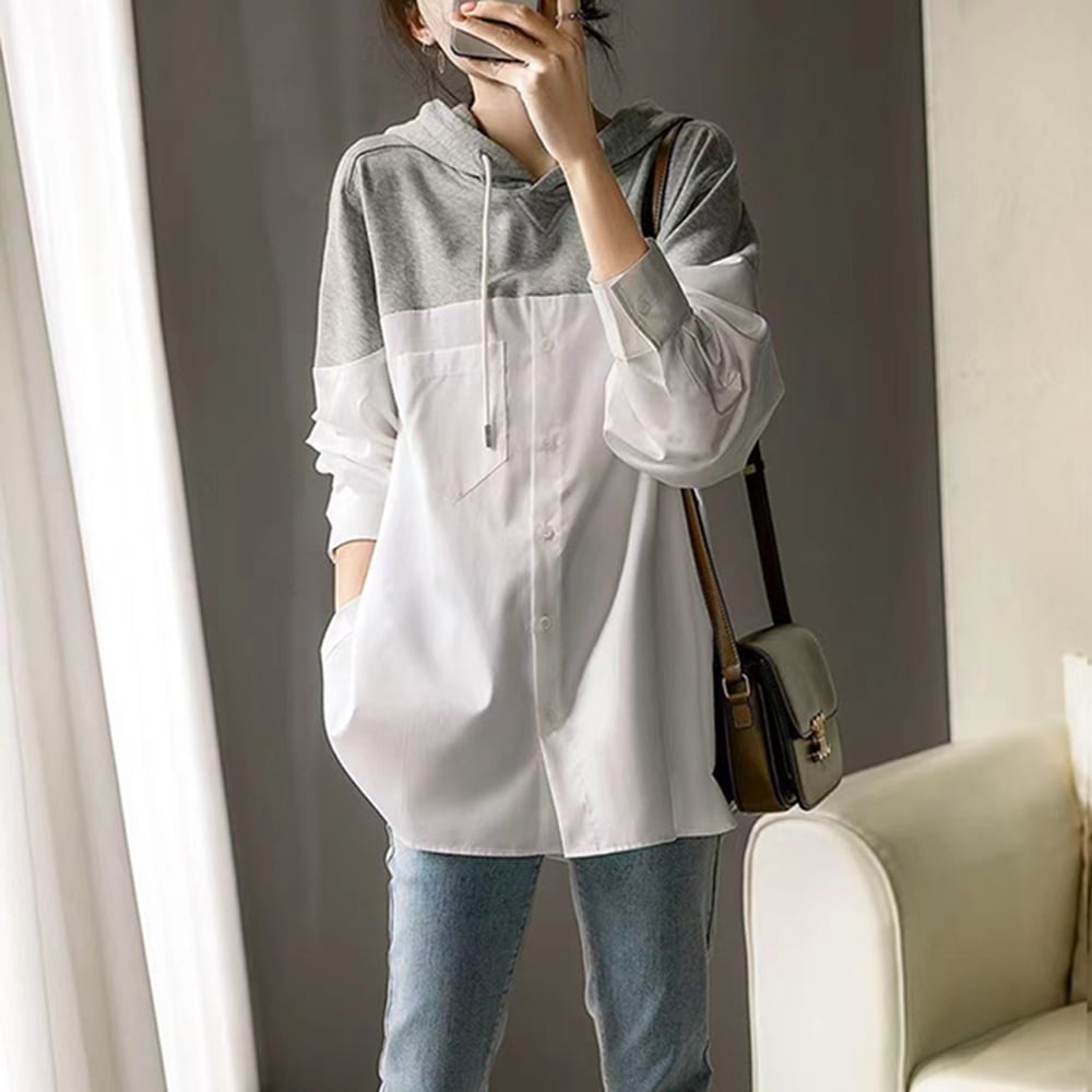 トップス パーカー レギュラー丈 長袖 シャツスリーブ ストレート フード付き 個性的 ホワイト S M L レディース マニッシュ クール ゆったり ストリート ウェスタン 無地 春 秋 誕生日