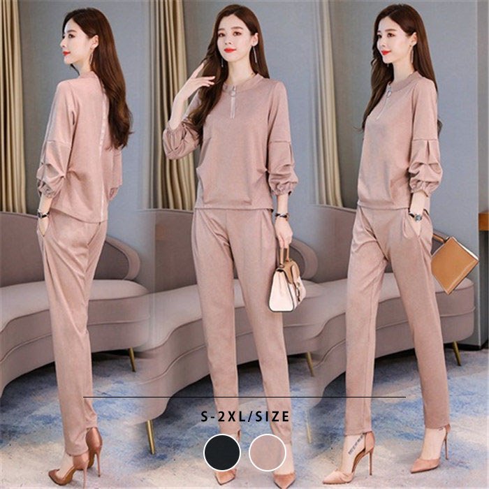 パンツセットアップ レディース セットアップ 丸襟 ブラウス 巾着袖 長袖 パンツ 大きいサイズ カジュアル ジッパー付き 通勤 ママ シンプル OL 40代 秋