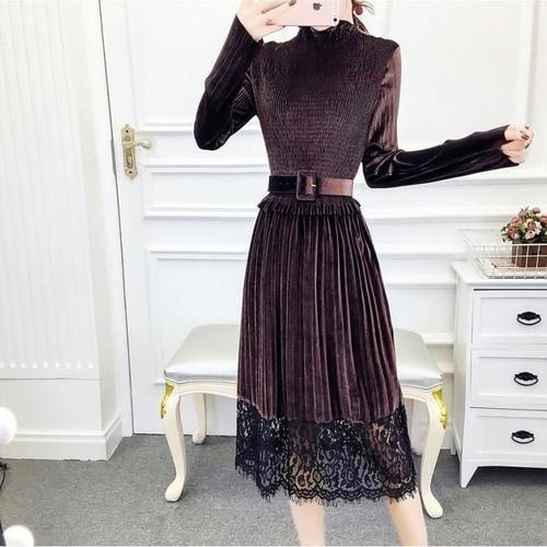 1358. ベルベットプリーツドレス（ブラウン） 2019 パーティー レストラン お呼ばれ ディナー 女子会 フォーマル