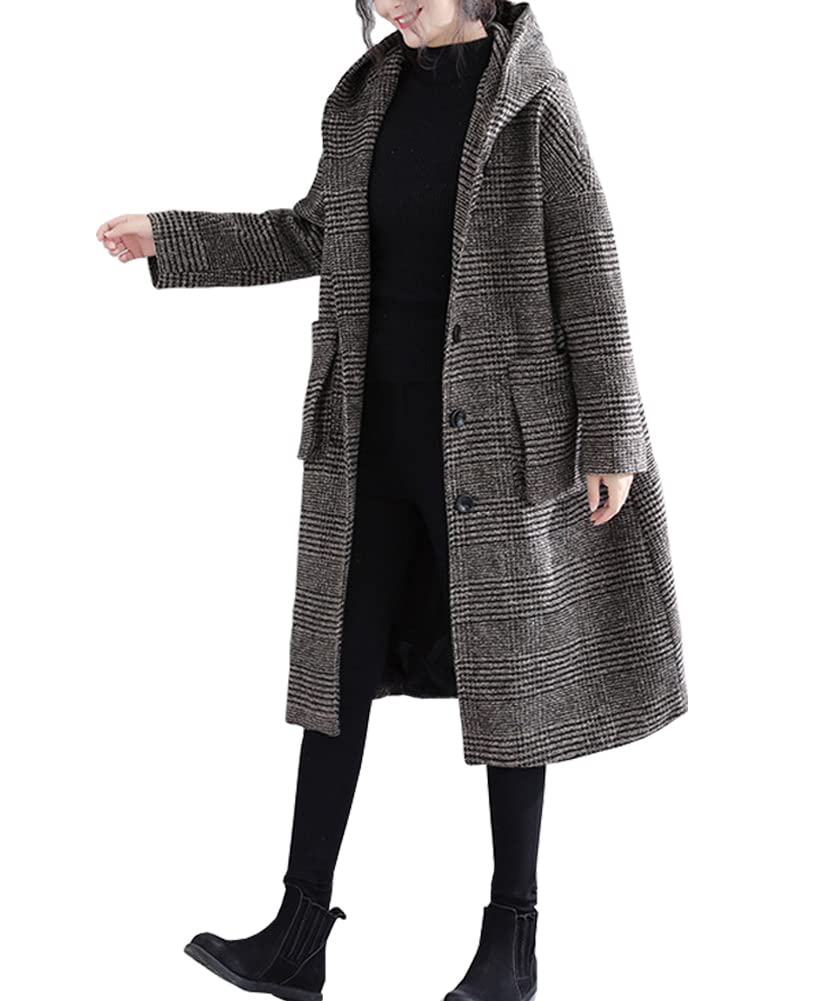 [ASARANS] ロングコート コート フードコート レディース ロング グレンチェック コクーンシルエット フード付き 秋 冬 (XL, ココア)