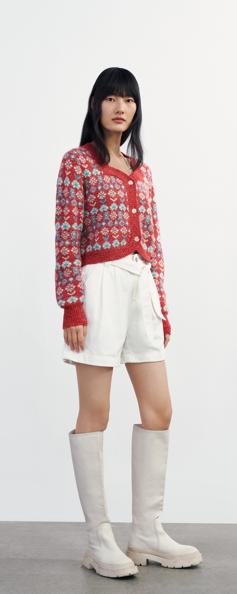 春 レトロ 柄 厚手 派手 鮮やか 胸元すっきり ニット ジャケット レッド S M L トップス 袖あり 長袖 かわいい 大人可愛い きれいめ シンプル カジュアル 大人 上品 おしゃれ お洒落